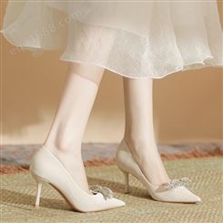 H763-50羊皮垫纯色高跟鞋女日常法式小香风单鞋春夏新款水钻单鞋
