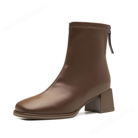 035-1新款粗跟短靴女车缝线单靴爆款洋气中跟短筒靴子女外穿方头