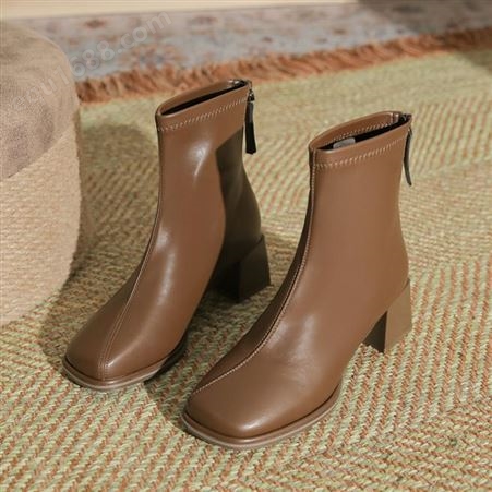 035-1新款粗跟短靴女车缝线单靴爆款洋气中跟短筒靴子女外穿方头